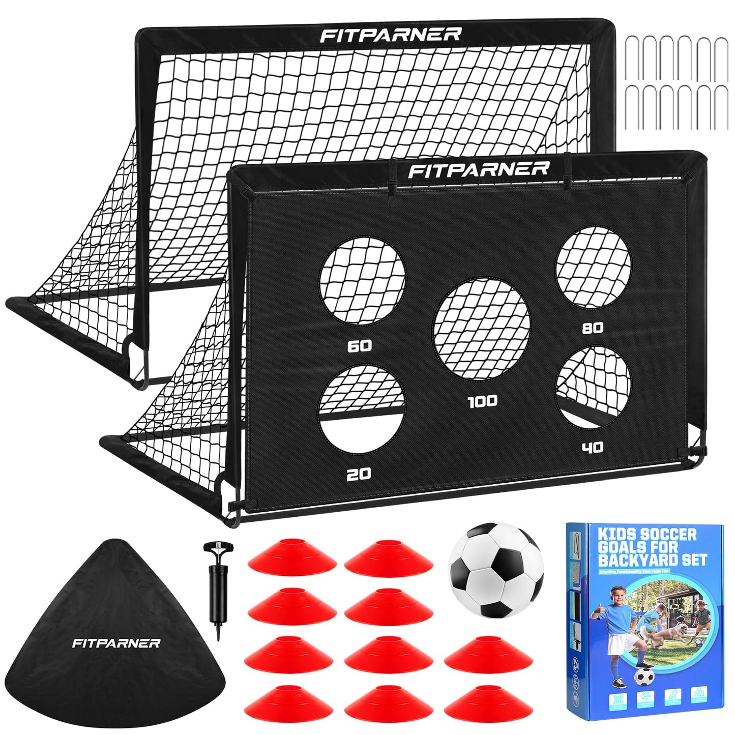 Kids Soccer Goals, 2 Pack 4x3 ft Soccer Nets for Kids Age 3-5 6-8 8-12 10-12-14, Backyard Training Equipment Set with Target, Ball, Cones for Goal Practice,Outdoor Game, Ideal Gift