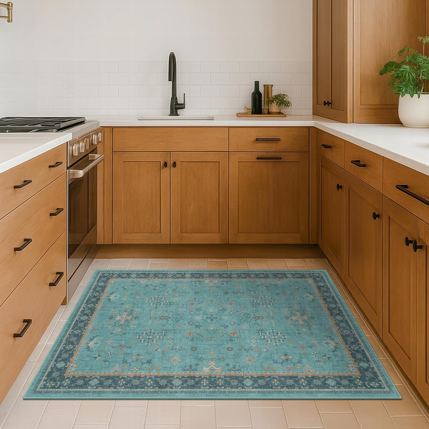 Skiennix Teal Area Rug - Washable Non-Skid Design for Entryway, Kitchen, Bathroom | Boho Geometric Style