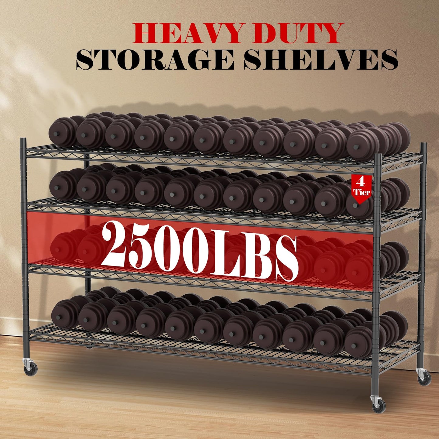 Vioranex Heavy Duty Adjustable Metal Shelving Unit with Wheels, 2400LBS Capacity, 4-Tier Wire Rack for Garage, Pantry, Kitchen, 59" W x 19.5" D x 62.3" H