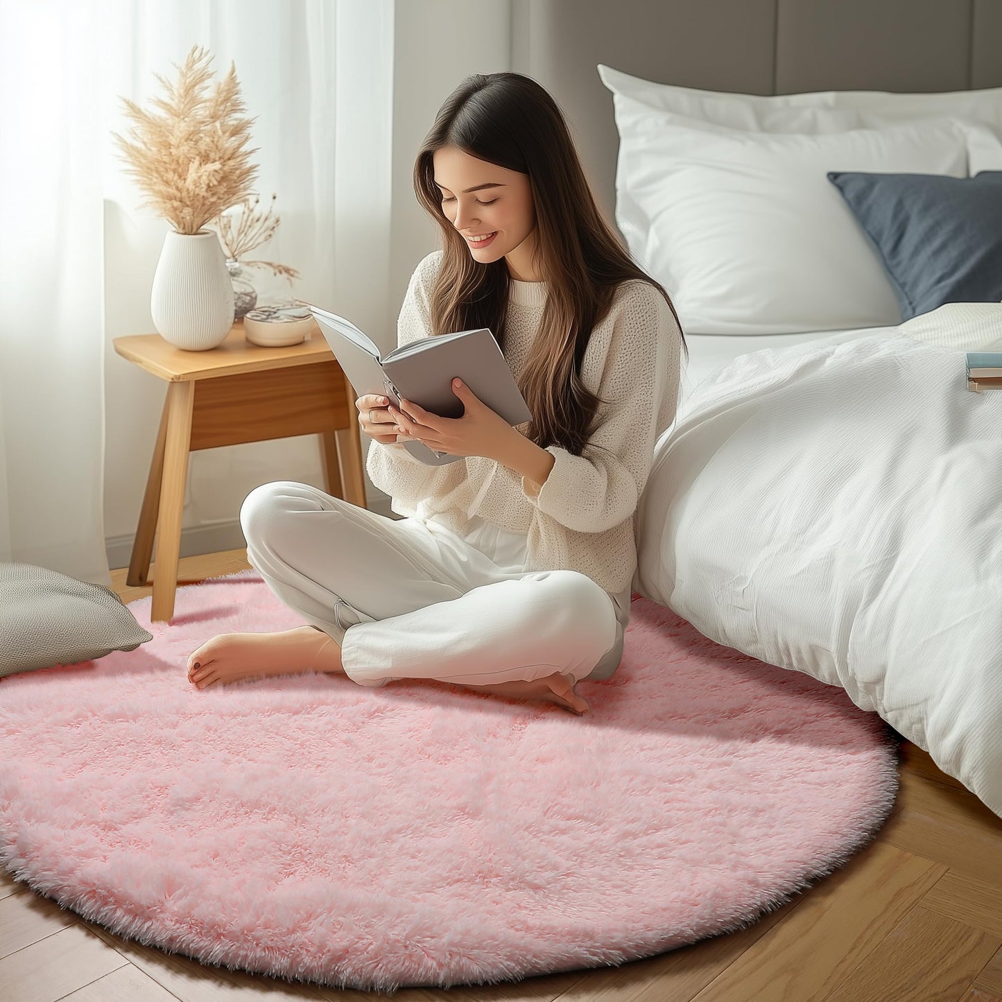 ONASAR Light Pink Fluffy Round Rugs 4ft for Girls Bedroom, Circle Area Rug for Kids Teen, Soft Plush Shaggy Circular Carpet for Nursery Dorm Classroom Playroom Living Room Home Decor Aesthetic