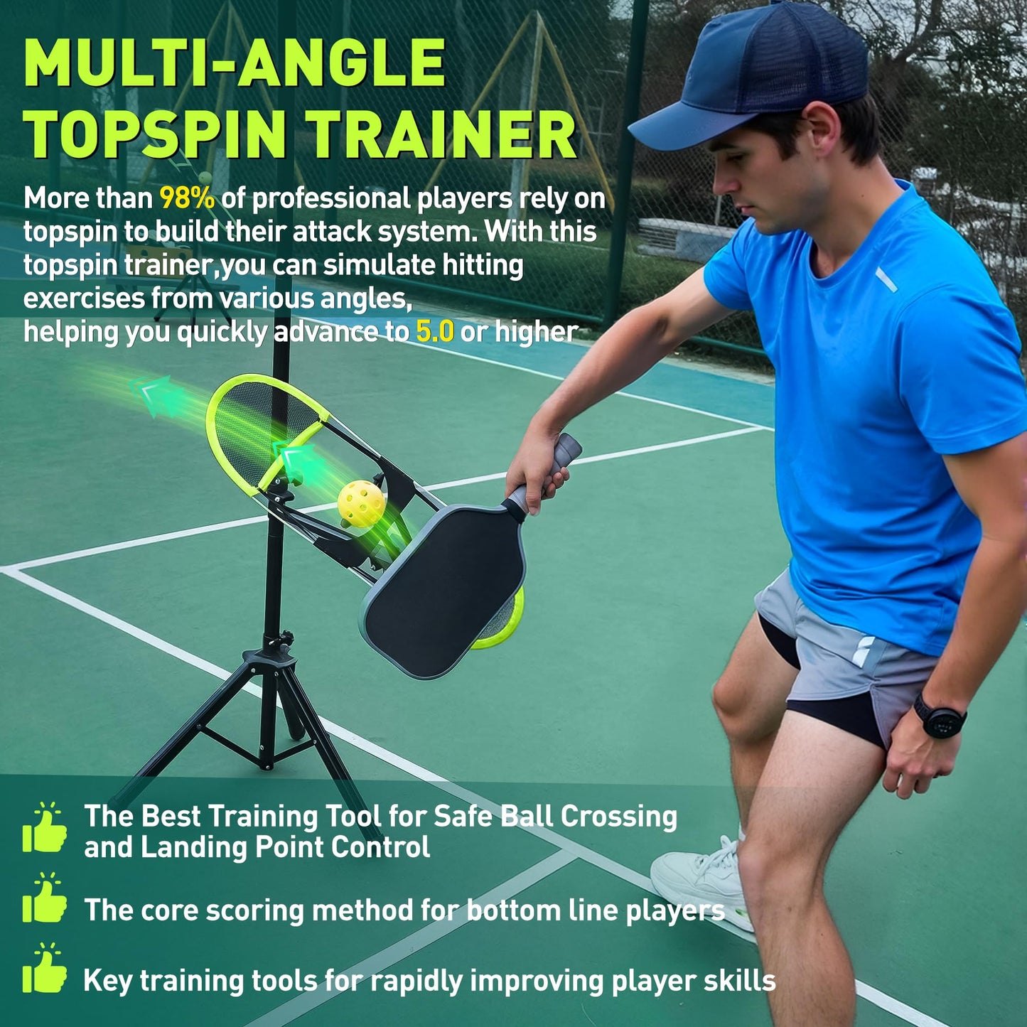 WAOPSO Pickleball Topspin Trainer,Tennis&Pickleball Practice Tool with 360° Angles and Height Adjustment, Portable Pickle Ball Training (Matte Black + Green)