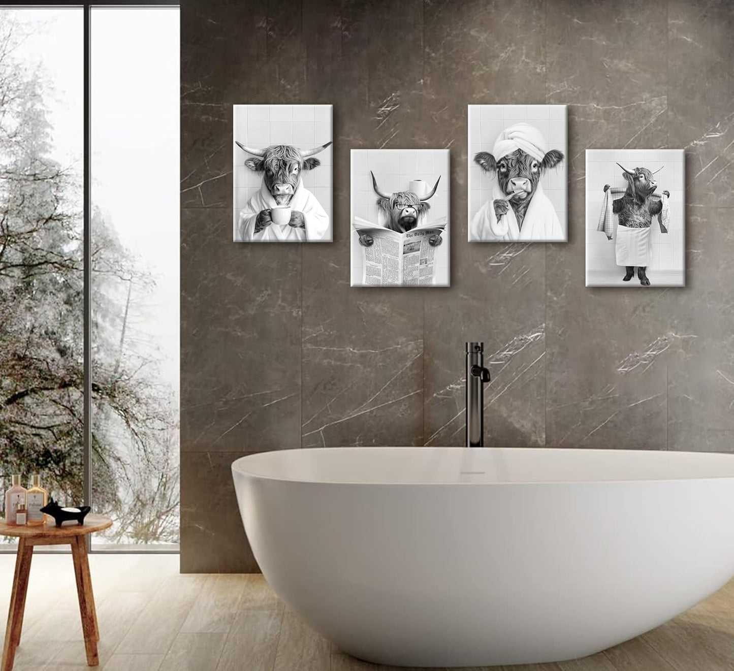 Skiennix Funny Highland Cow Bathroom Wall Art - Rustic Farmhouse Prints Set of 4 | Black & White Decor