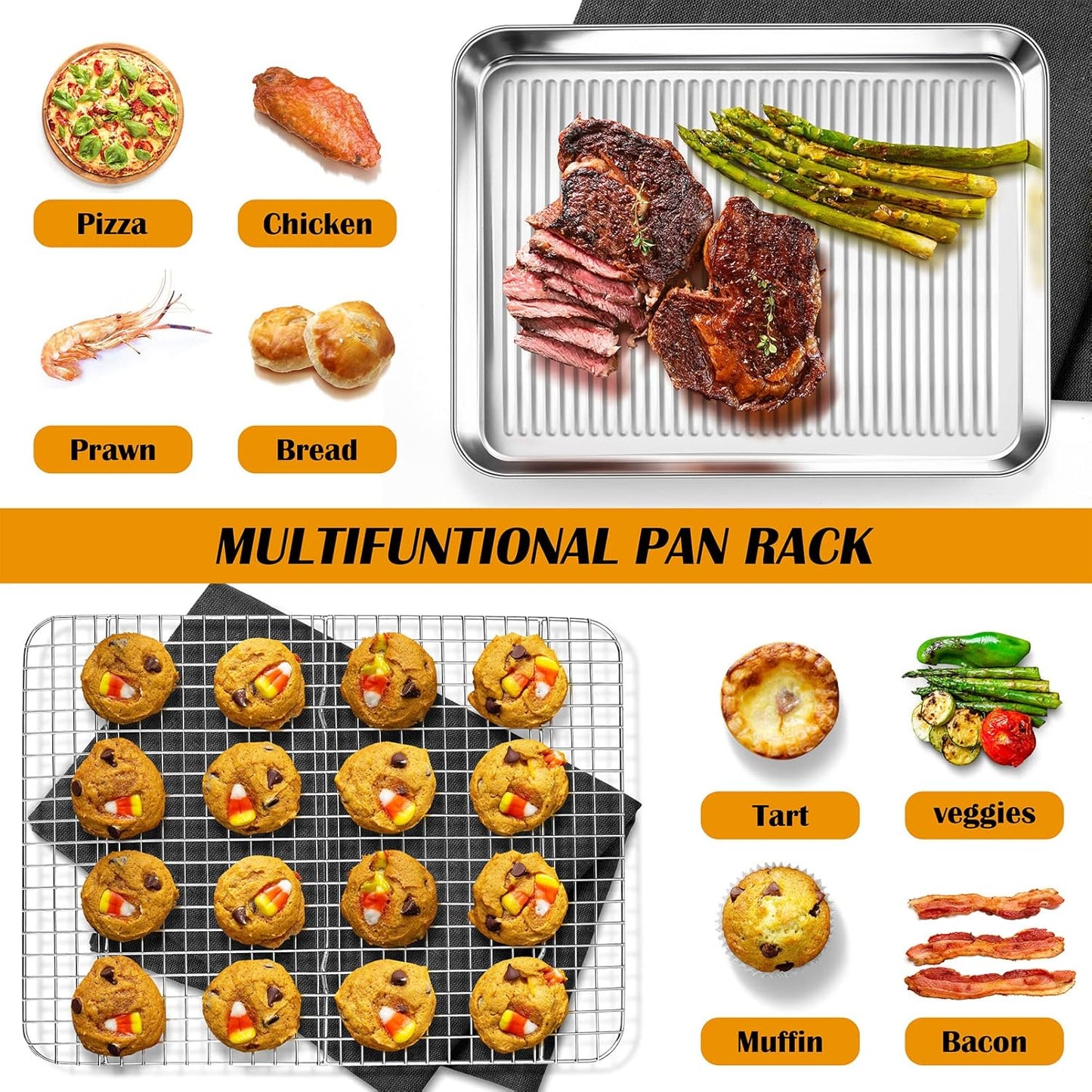 P&P CHEF Stainless Steel Baking Oven Pan - Versatile Cookie & Bacon Tray with Wire Rack | 17.5 x 13 x 1 Inch