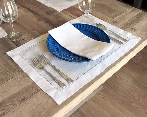 CleverDelights 20" White Hemstitch Dinner Napkins - 12 Pack - 55/45 Linen Cotton Blend