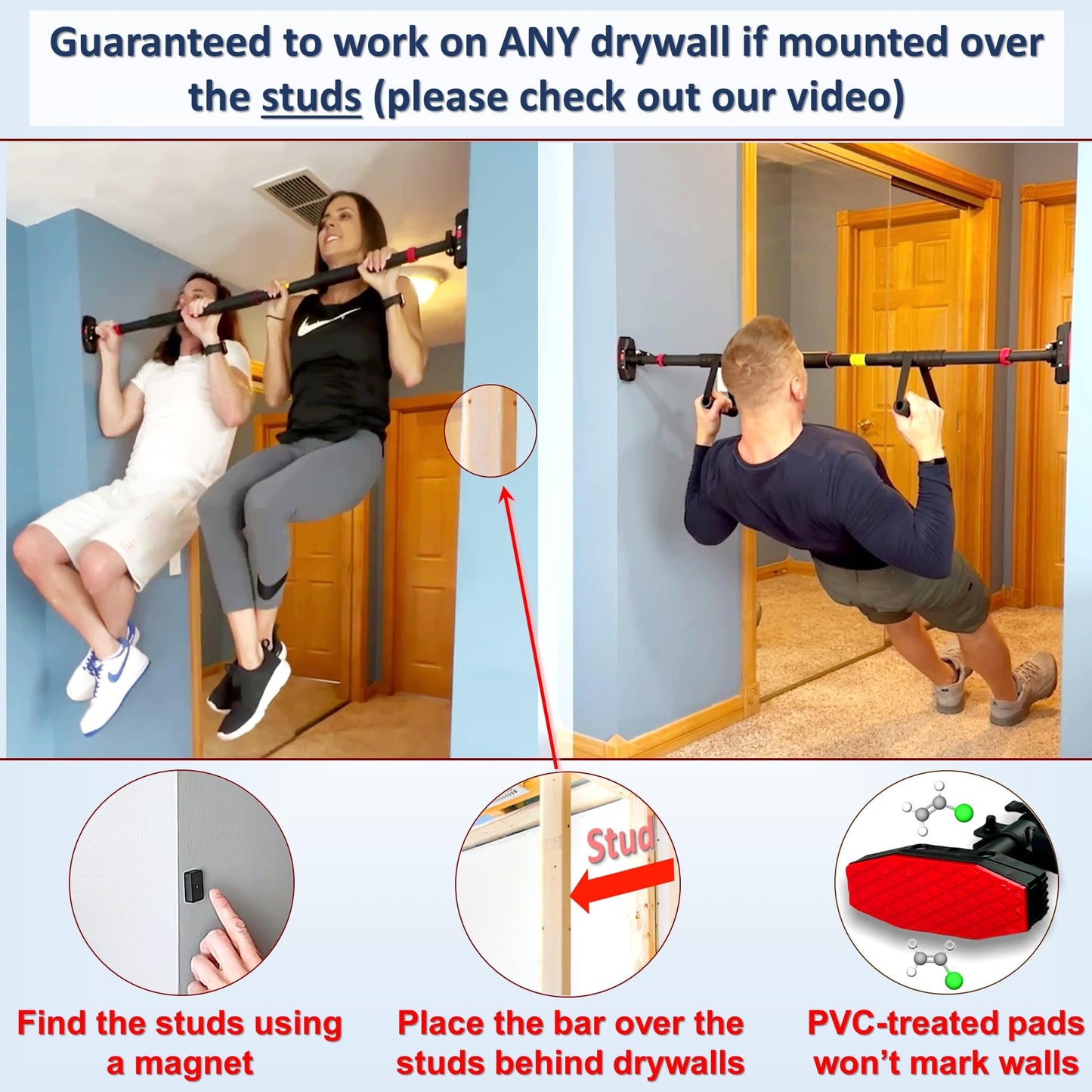 IRONSURGE Pull Up Bar for Hallway or Doorway 6-piece Set with Two Attachable Resistance Bands/Handles, Training Manuals, No Screws Chin Up Bar, Max 680lbs, Width options: 27-37", 37-47"; 46-53"
