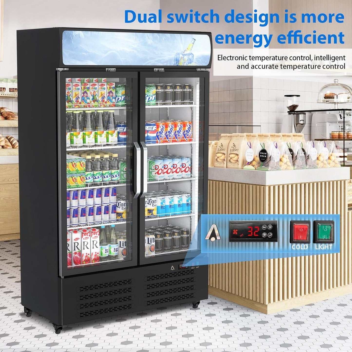 ACONEE Commercial Merchandiser Refrigerator, 25.3 cu ft Capacity Glass Door Upright Display Fridge, Commercial Display Refrigerators with LED Top Panel, Display Refrigerator Drink Cooler Case for Shop