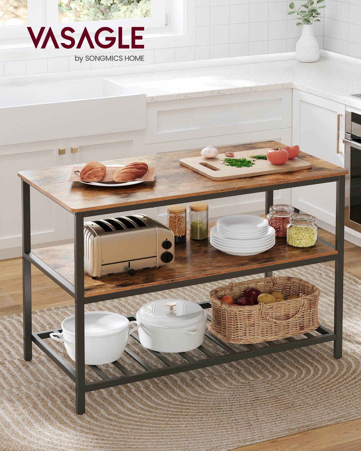 VASAGLE Kitchen Island with 3 Shelves, 47.2 Inches Width Kitchen Shelf with Large Worktop, Stable Steel Structure, Industrial, Easy to Assemble, Rustic Brown and Black UKKI01BX