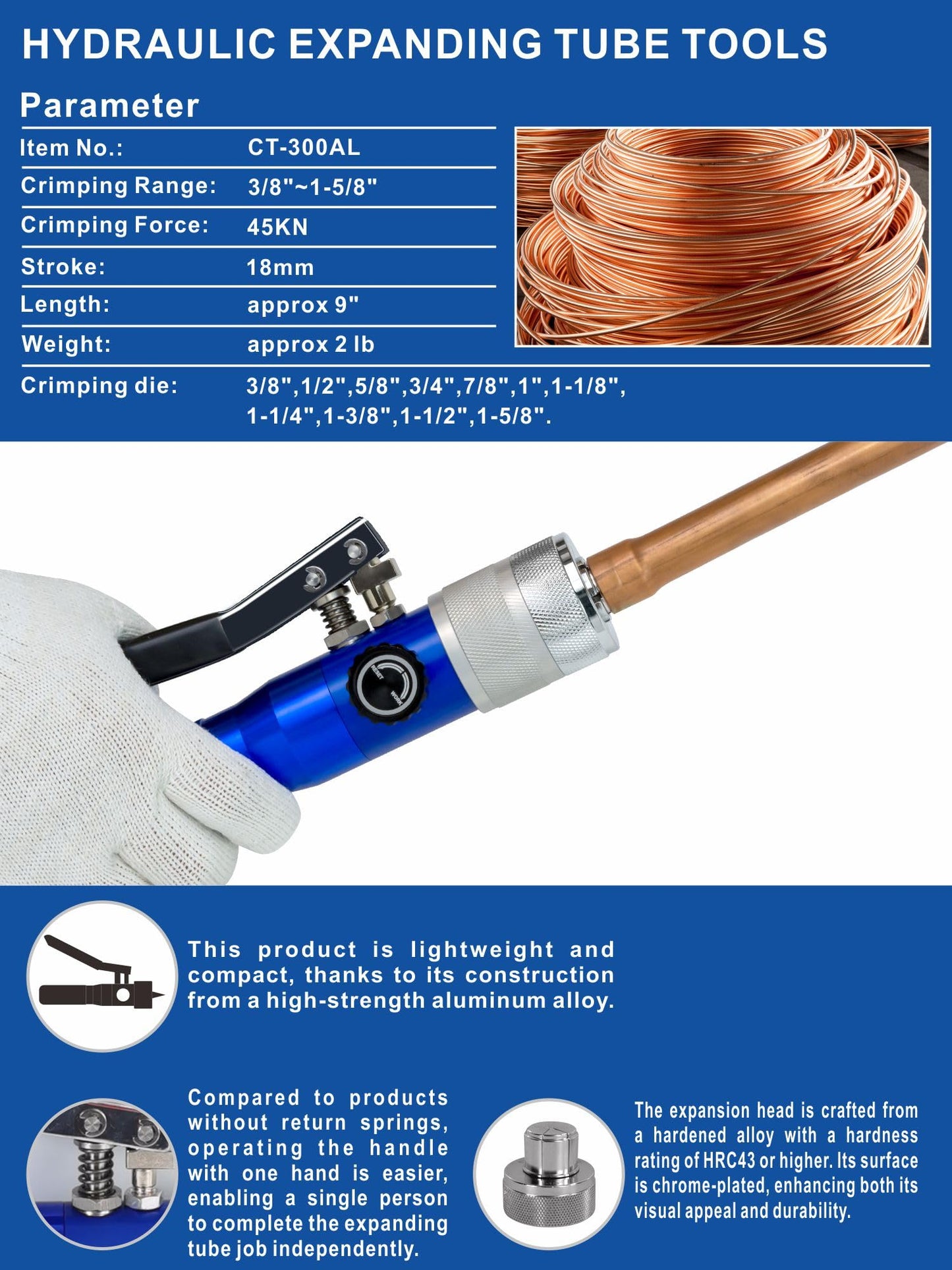 AMZCNC Hydraulic Tube Expander Compact Swaging Tool Kit with Tube Cutter, Deburring Tool and 11 Expander Heads for 3/8 to 1-5/8 Inches Copper Pipes (3/8“~1-5/8”)