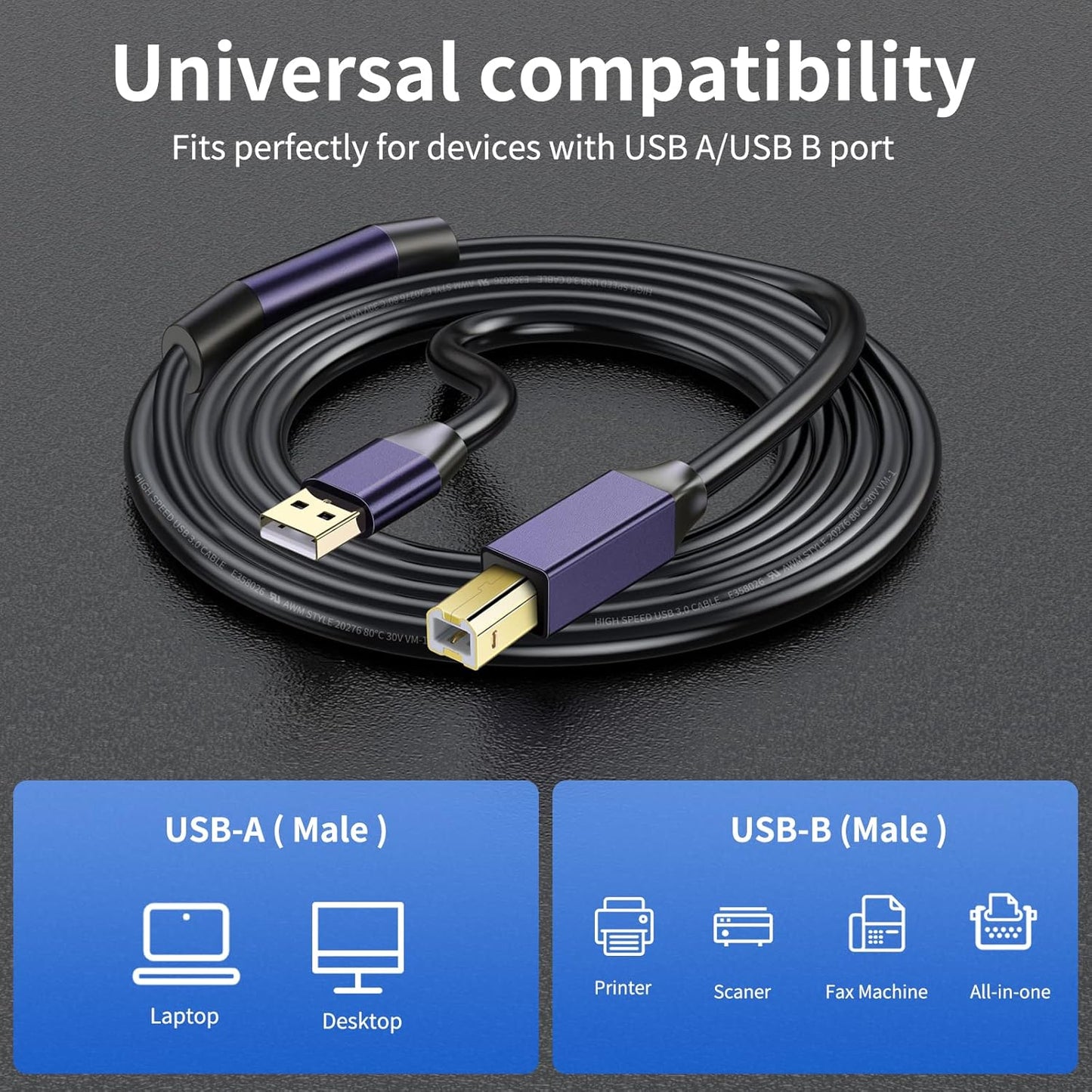 LDKCOK 2.0 50ft Active USB Printer Cable - A-Male to B-Male High Speed Printer/Scanner/Repeater Cable for HP, Canon