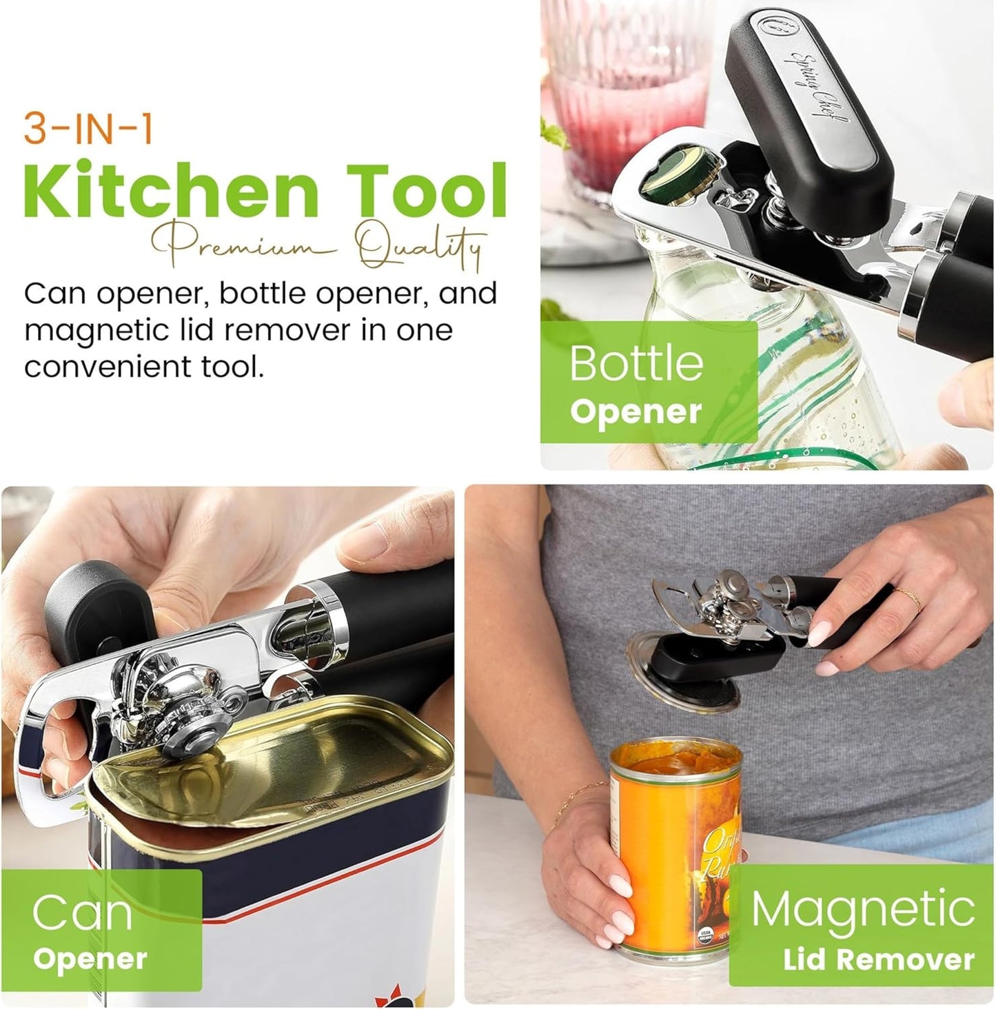 Spring Chef Stainless Steel Can Opener - Heavy Duty Manual with Soft Grip Handles & Magnetic Lid Remover - Black