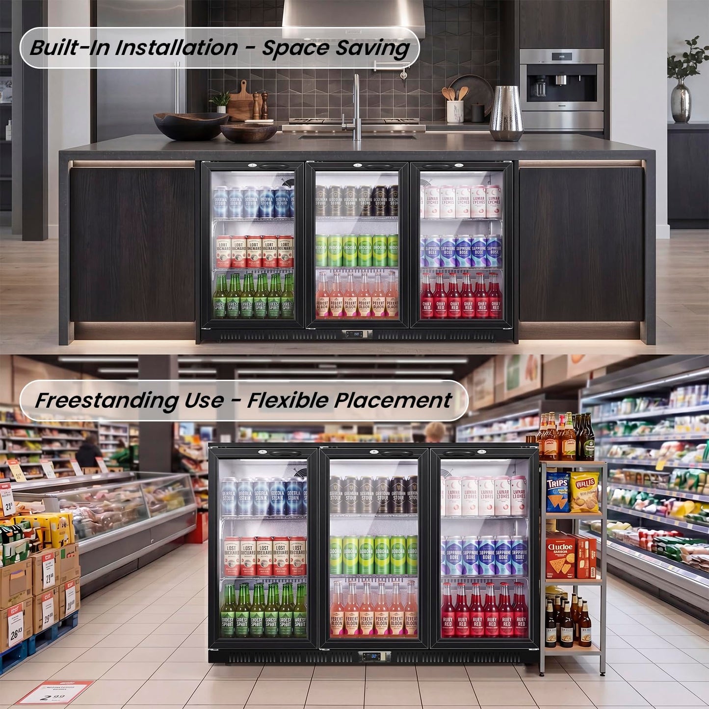 53.15" W Commercial Under Counter Beverage Refrigerator, 3 Glass Door Back Bar Cooler, Built-in/Freestanding 12Cuft Drink Fridge with LED Light, Auto Defrost, Low-E Glass & Safety Lock, Rebound door