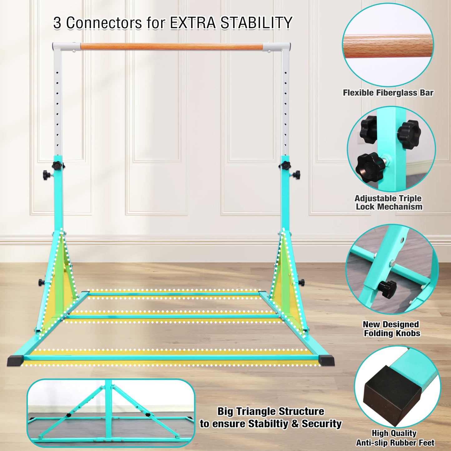 PreGymnastic Foldable Gymnastics Bar, 5.6FT Horizontal Bars for Kids 3-12, Weight Limit 350 LBS, Adjustable kip Bar, Children Home Gym Equipment (Teal)