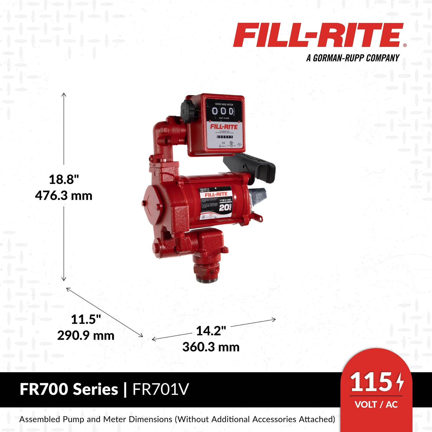 Fill-Rite FR701V 115V 20 GPM Fuel Transfer Pump With Standard Mechanical Meter Package, Gallons - For Gasoline, Diesel, Kerosene, Ethanol Blends, Methanol Blends & Biodiesel up to B20