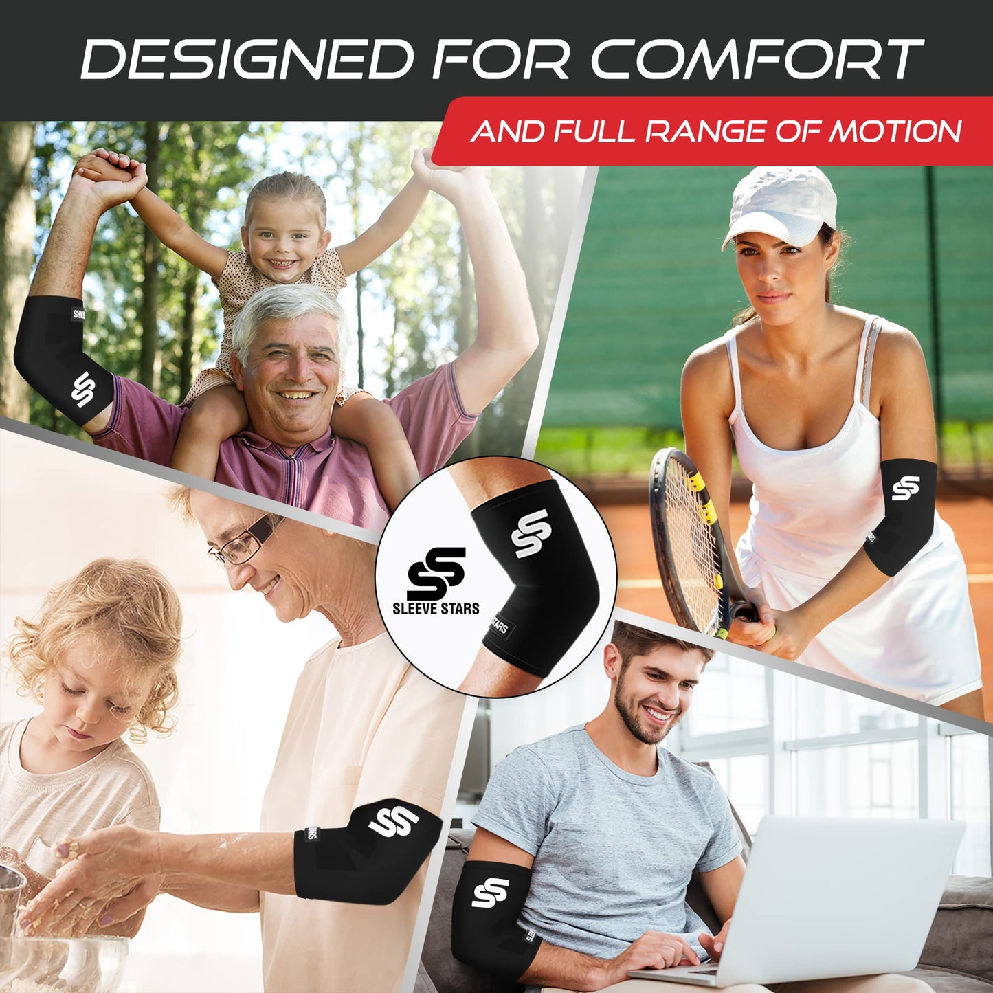 Sleeve Stars Elbow Sleeve for Pain Relief & Protection - Elbow Compression Sleeve for Women & Men - Supportive Elbow Brace for Tendonitis, Recovery & Ideal for Sports, Work (S: 7"-8.5"/Black)