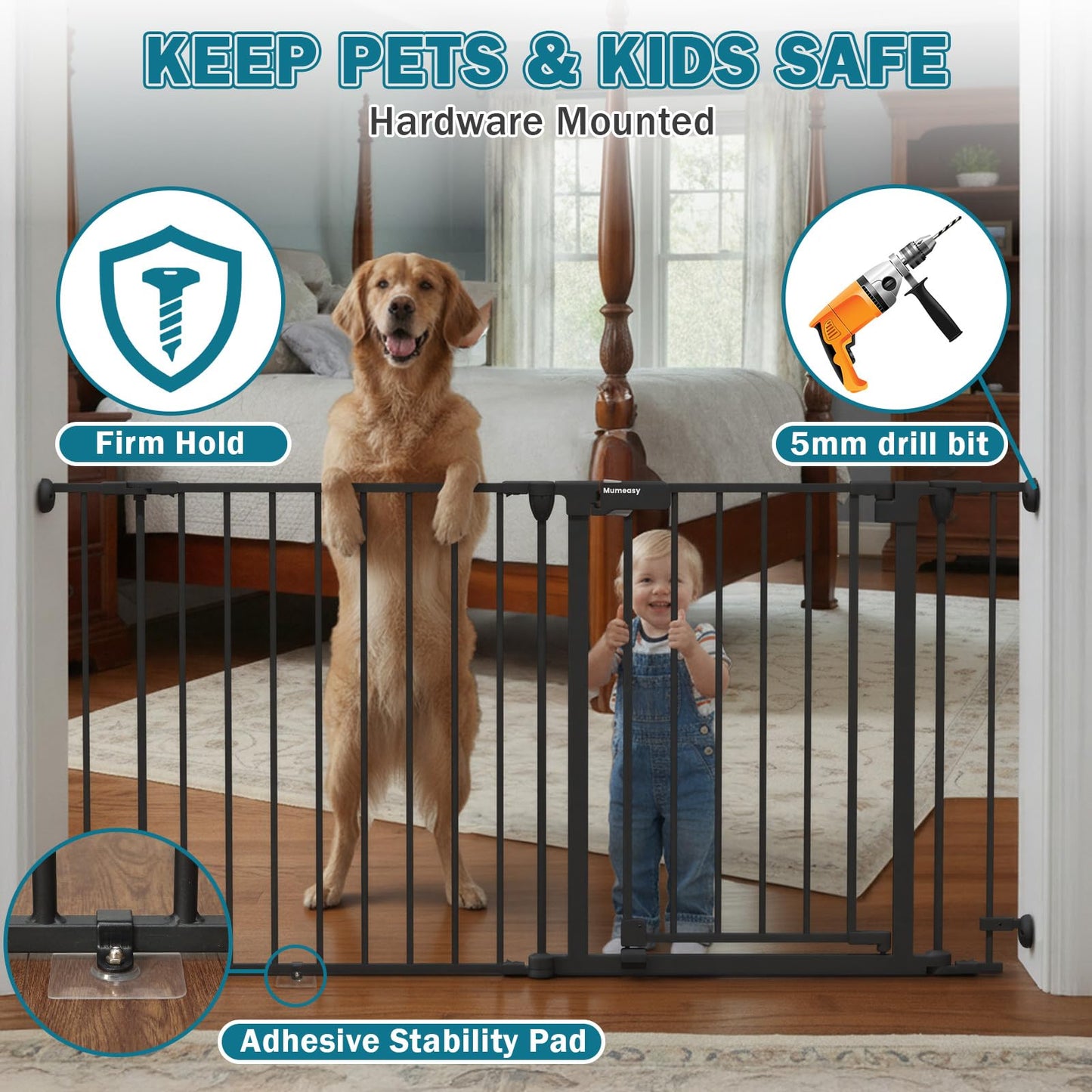 Mumeasy 80" Extra Wide Baby Gate for Doorways, Stairs & Fireplace, Auto Close Dog & Pet Gate with Walk Thru Door, 3 Metal Panels, Hardware Mounted Child Safety Fence for House, Indoor/Outdoor, Black