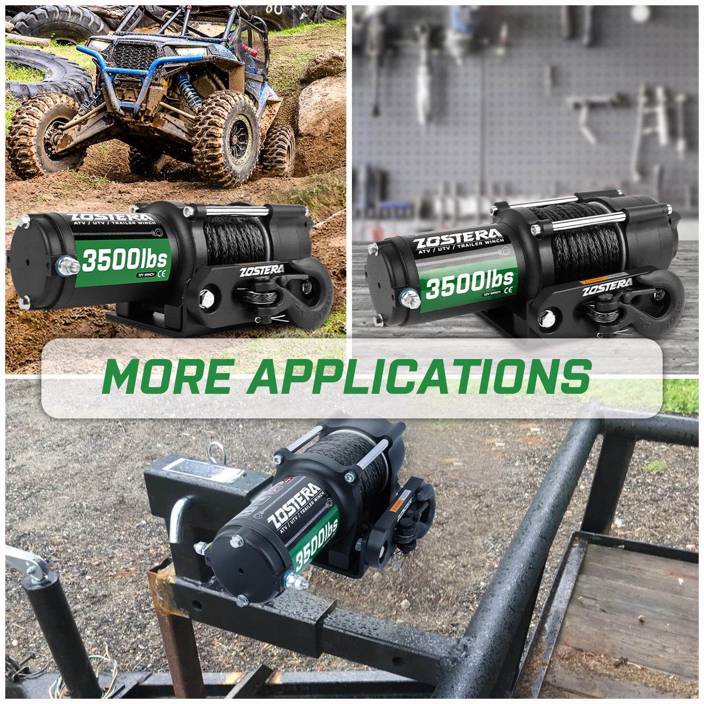 Zostera 3500lbs ATV/UTV Winch with Synthetic Rope, Electric Boat Trailer Winch 12V, Waterproof Winch with 2 Wireless Remotes &Wired Switch,with Mounting Plate,Pulley,Rope Damper,Aluminium Fairlead