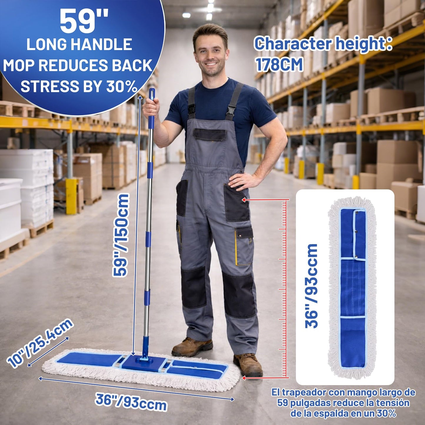 EHADOO 36" Commercial Dust Mop: Dry Dust Broom for Hardwood Floors Cleaning - 2 Mop Pads 59" Long Handle Heavy Duty Frame - Industrial Professional Cleaning Supplies for Hotel Warehouse School Janitor