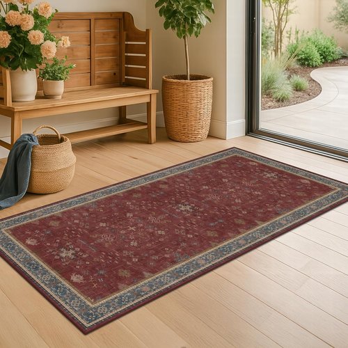 Hazo Haus Burgundy Washable Entry Rug - Non-Slip, Low Pile, Stain & Fade Resistant | Modern Floral Design
