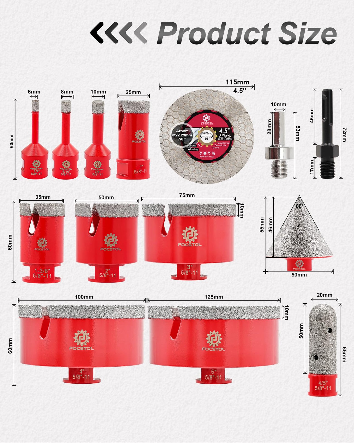 FOCSTOL Diamond Tile Hole Saw Kit 14pcs - (6/8/10/25/35/50/75/100/125mm+20mm Milling Bit+50mm Chamfer Bit+Hex+SDS+115mm Cutting Disc) Diamond Core Drill Bit Set for Porcelain, Tile, Ceramic, Marble