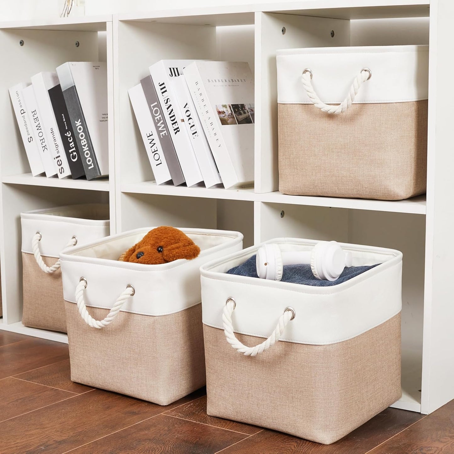 Skiennix 11 x 11 Inch Storage Cubes - 6 Pack Large Collapsible Fabric Bins for Home & Office | White & Beige