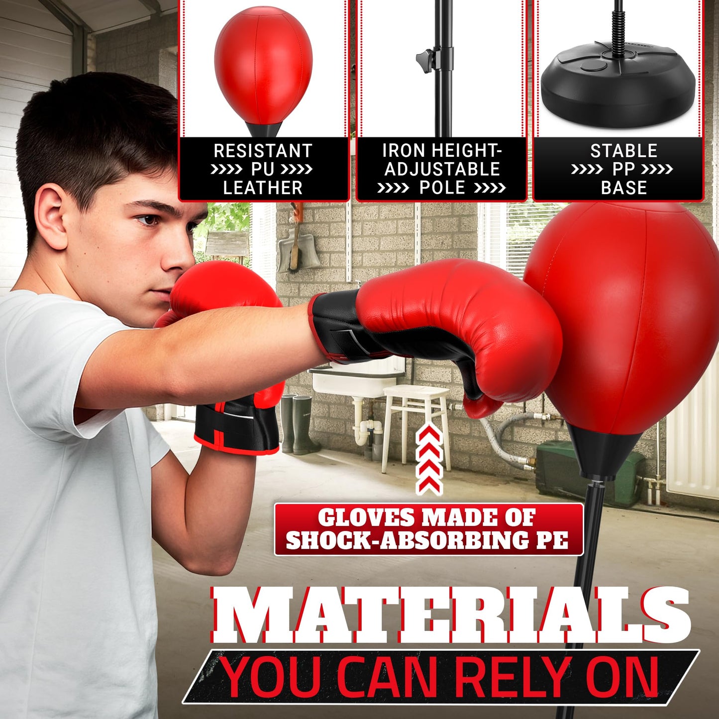 Adjustable Boxing Reflex Bag with Stand – 48"-58" Standing Punching Bag Kit with Gloves & Pump, Beginner Boxing Equipment for Training Coordination and Reaction Speed | Sport Gift for Home Workouts