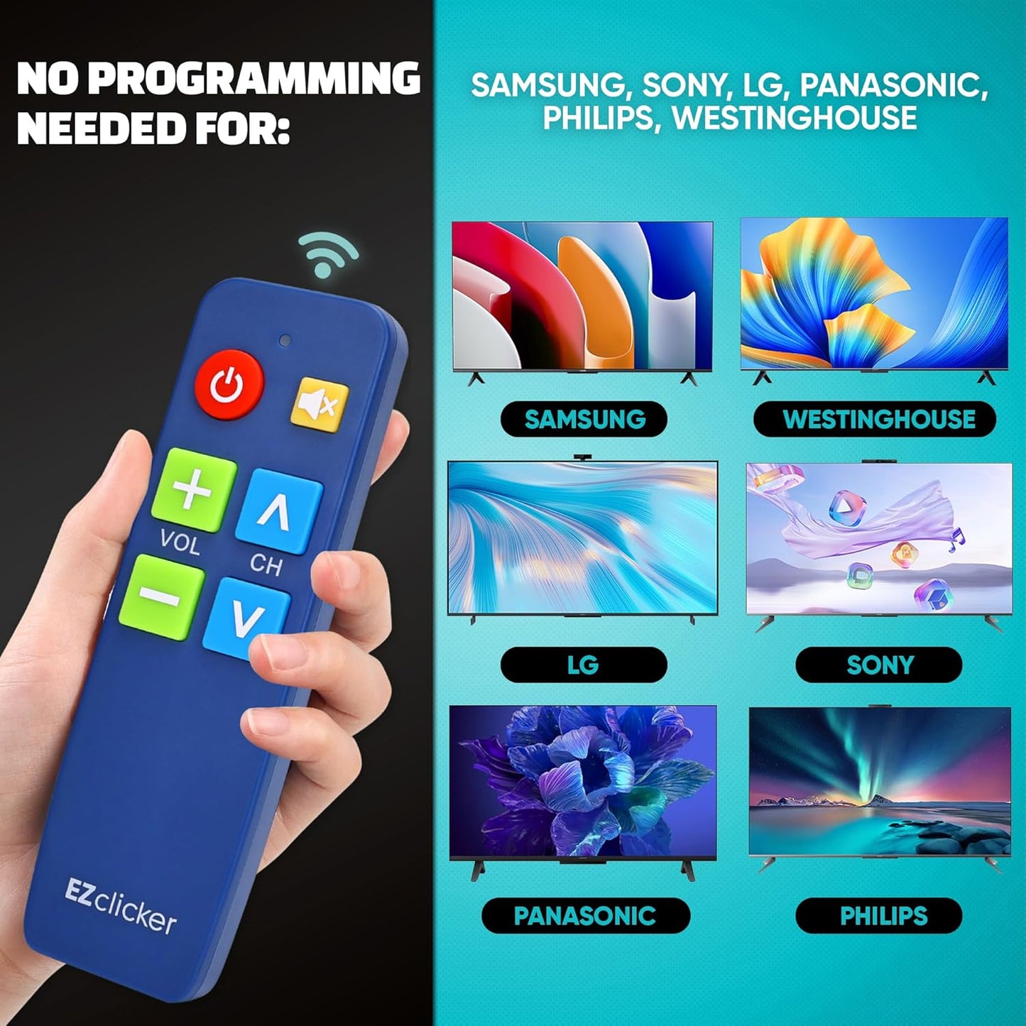 EZClicker (2xAAA TV Remote for Seniors, Extra Simple Big Button Remote (Blue) Works with Major TV Brands, NOT