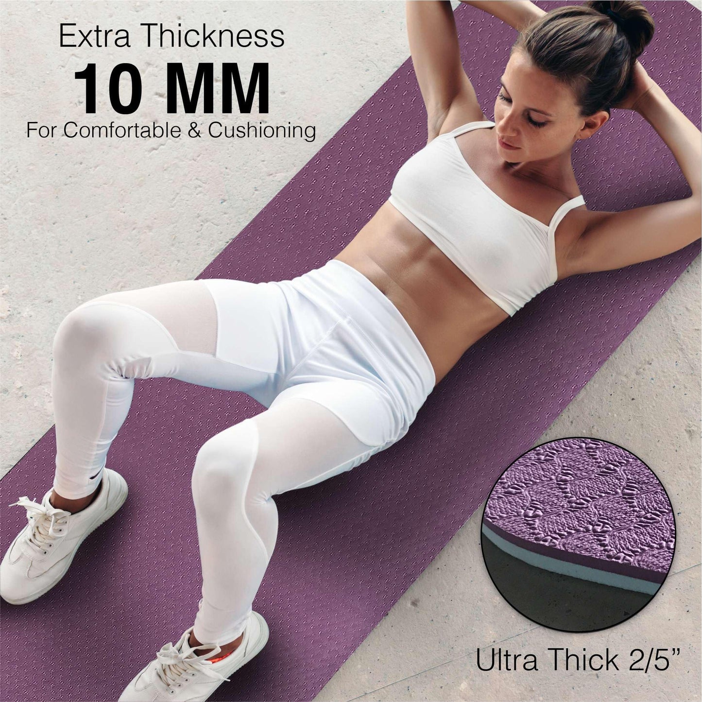 Feetlu Extra Thick Exercise Yoga Mat with Strap - 2/5 Inch (10MM), Non-Slip Workout Mat for Yoga, Pilates, and Floor Exercises(Dark Purple & Blue Gray)