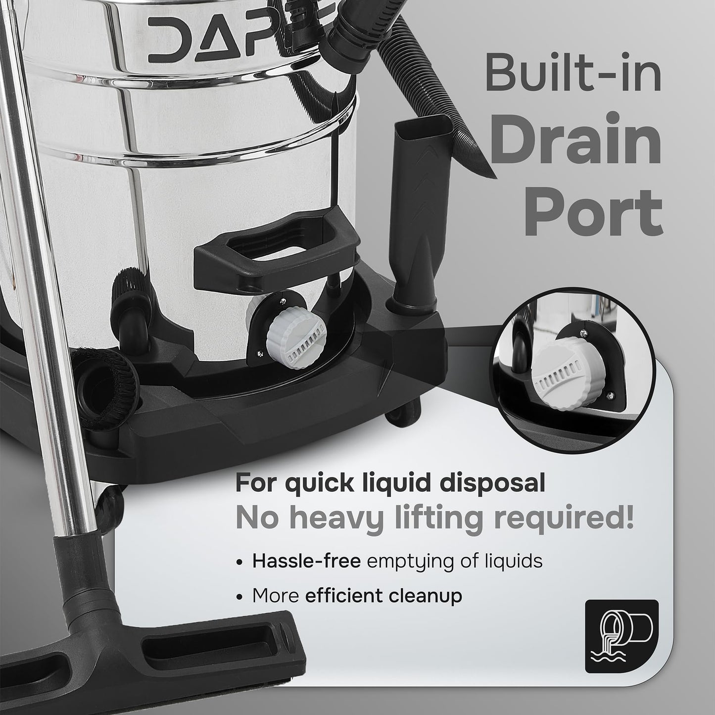 Dapper Supply 26.5 Gallon 11 Peak HP Wet/Dry Vacuum, Stainless Steel Tank, 2 in 1 Function Portable Shop Vacuum with Attachments, Built-in Drain Ideal for Jobsite, Garage & Workshop.