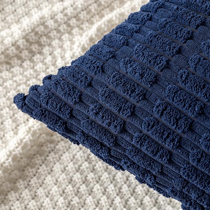 MIULEE Pack of 2 Corduroy Decorative Throw Pillow Covers 12x12 Inch Soft Boho Striped Pillow Covers Modern Farmhouse Home Decor for Summer Coastal Sofa Living Room Couch Bed Dark Blue