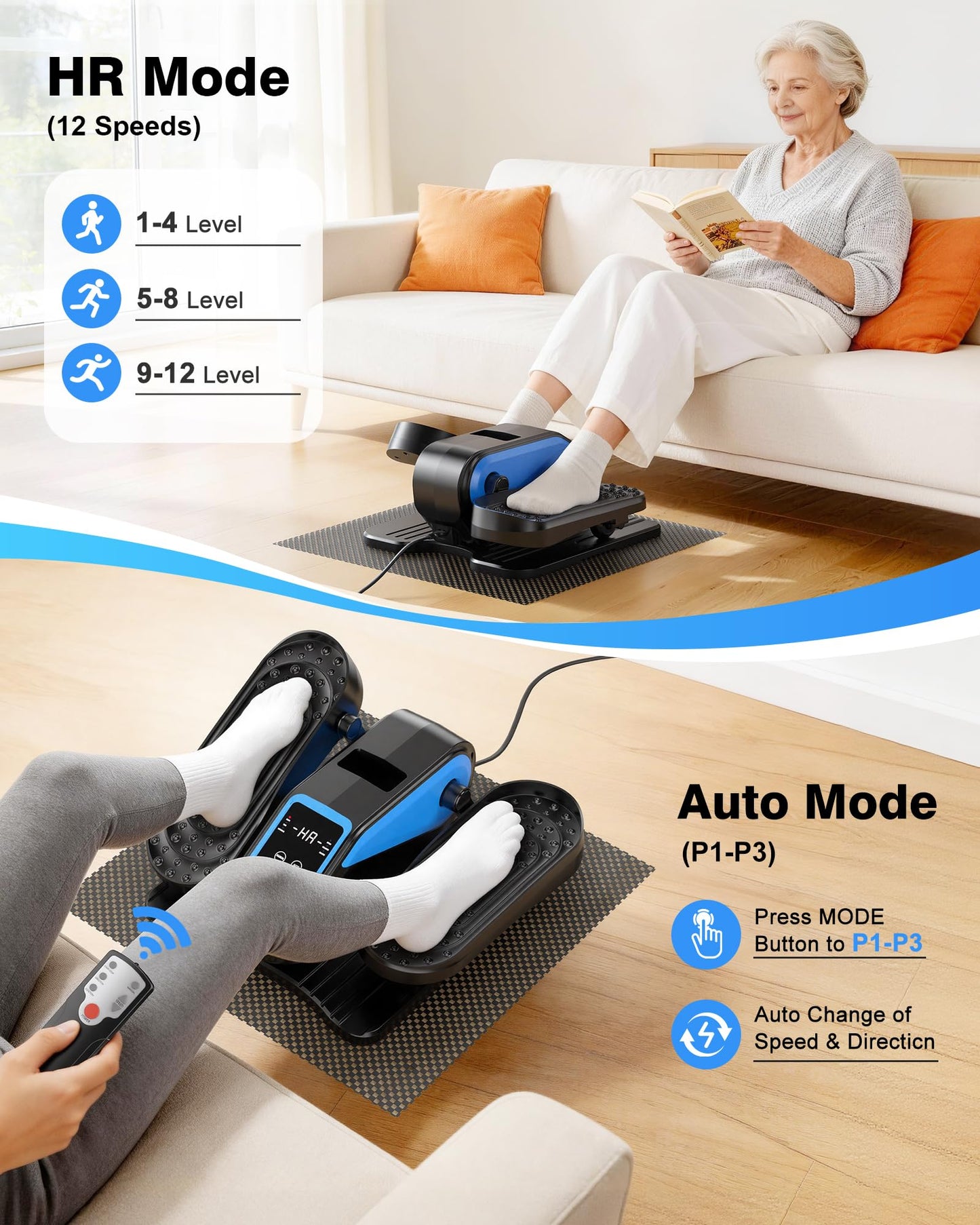 VIVURN® 023 Under Desk Elliptical Mini Electric Leg Exerciser for Senior, 12 Speeds RF Remote Display Monitor Non-Slip Mat, Quiet & Compact Seated Pedal Exerciser for Home Office Gift for Mom Dad