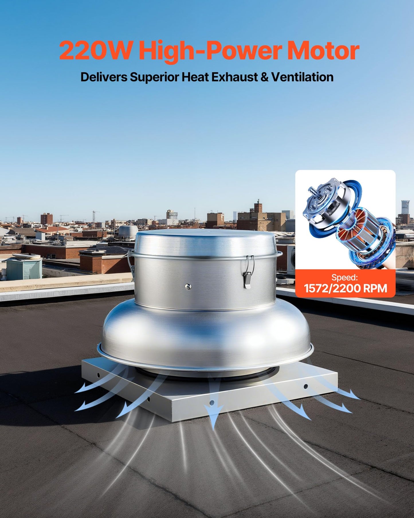 VEVOR Roof Exhaust Fan, 900CFM & 1500CFM Adjustable Speed Control Attic Vent Fan with High-Power Motor, 21inch Fan Base Heavy-Duty Aluminum Alloy, Compact for Garage,Kitchen,Bathroom,Silver