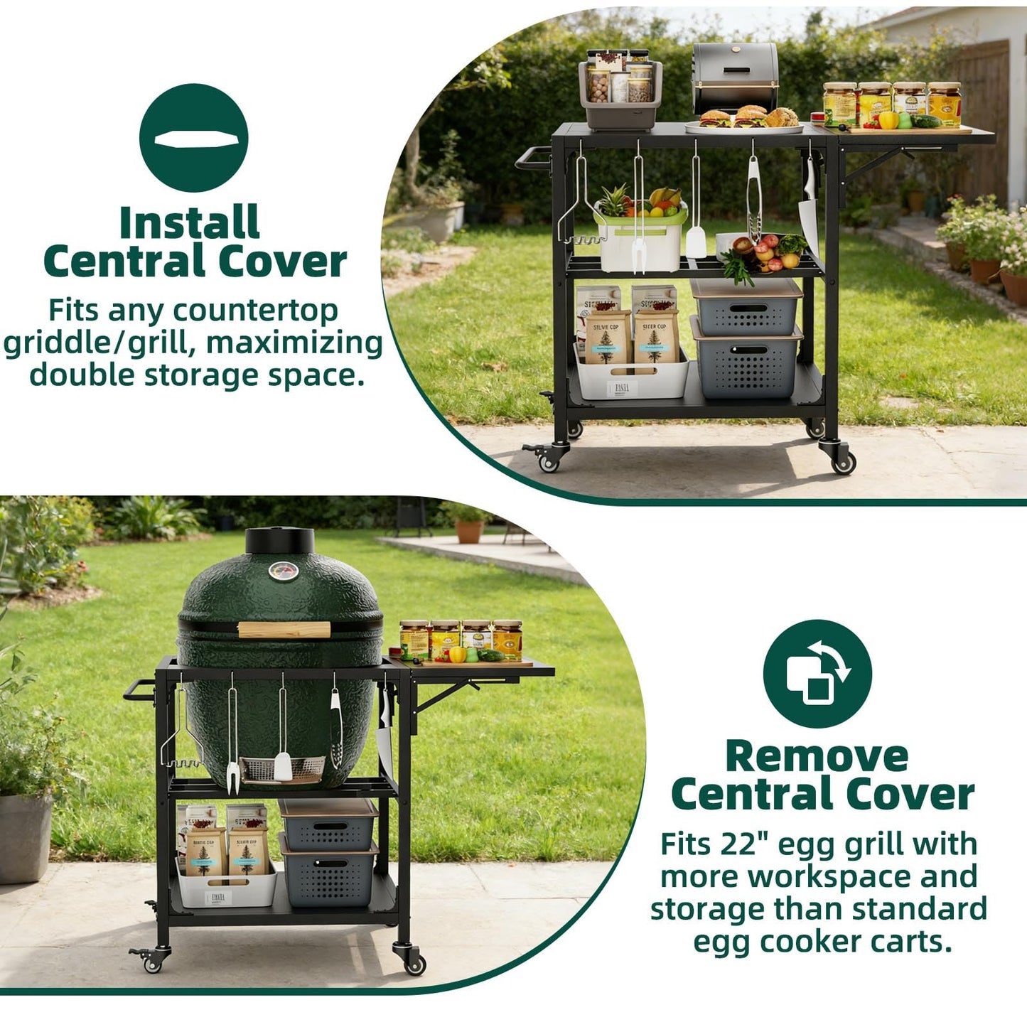 Outdoor Grill Table for Big Green Egg, Heavy Duty Metal Cart Prep Table with Wheels, Folding Panels, Storage Shelf, Hooks, Removable Central Cover, Compatible with Large Big Green Egg, Kamado Joe Jr