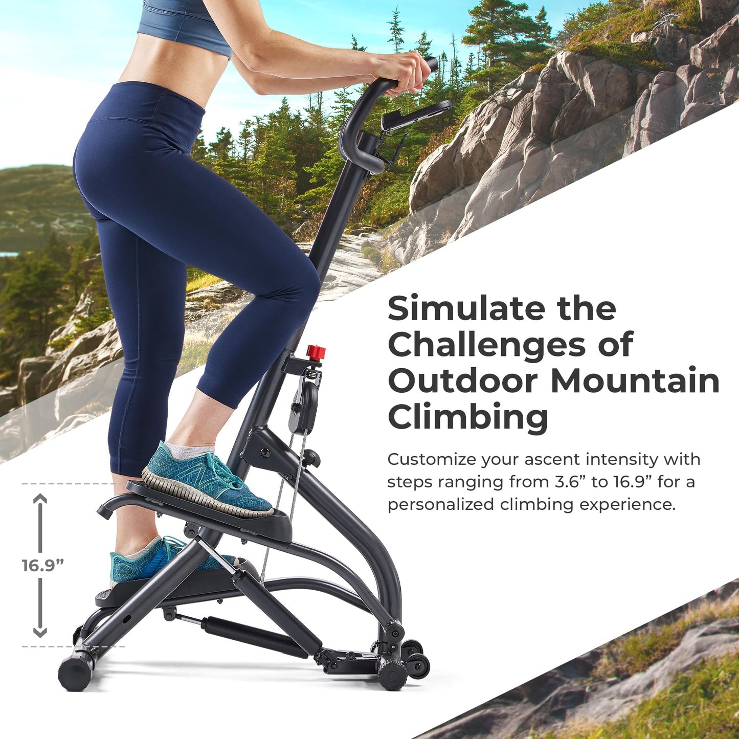 Sunny Health & Fitness 16.9-Inch Mountain Climb Stair Stepper with Handlebar, SunnyFit App Trainer-Led Workouts, Low-Impact Full-Body Cardio, Compact Folding Design - SF-S021001