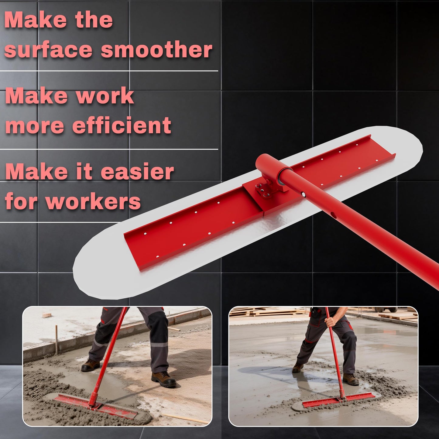 48" x 8" Concrete Bull Float Kit, Stainless Steel Round End Finishing Trowel with 47'' Adjustable Handle, Heavy Duty Concrete Smoothing Tool for Cement, Driveway, Patio