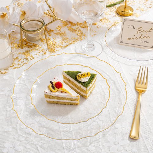 bUCLA 40PCS Clear and Gold Plastic Plates - Fancy Lace-Edge Clear Plates with Gold Trim Hammered Disposable - Include 20 Each(Dinner&Dessert) for Party & Wedding