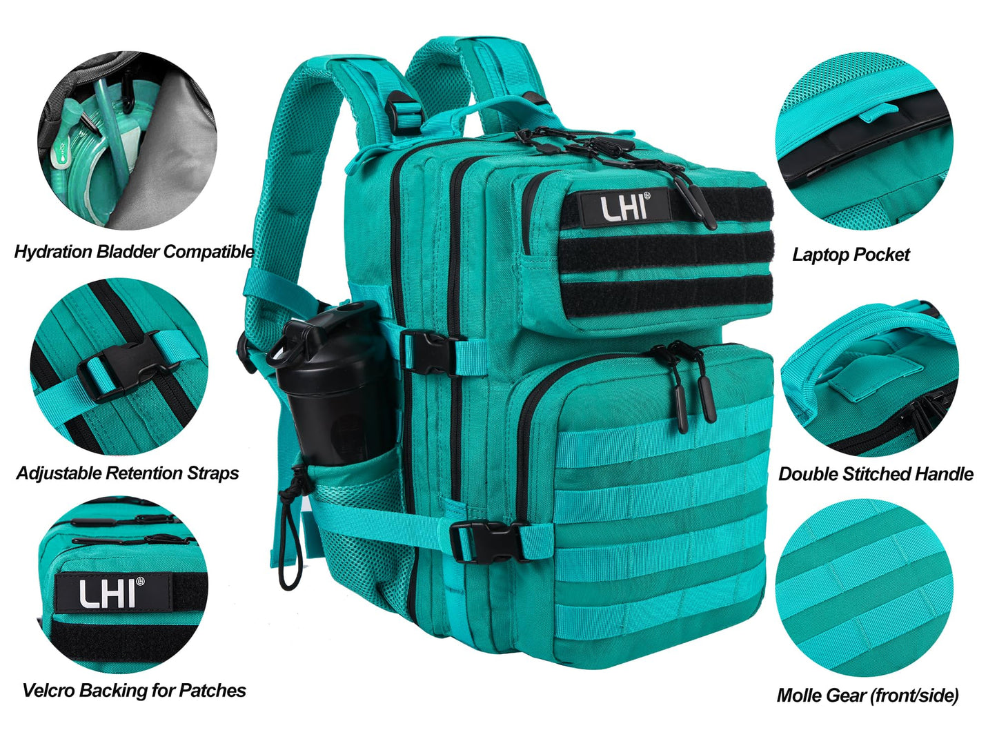 LHI Tactical Military Backpack for Men and Women 25L Army Assault Pack Bag Large Rucksack with Molle System-Lake Blue
