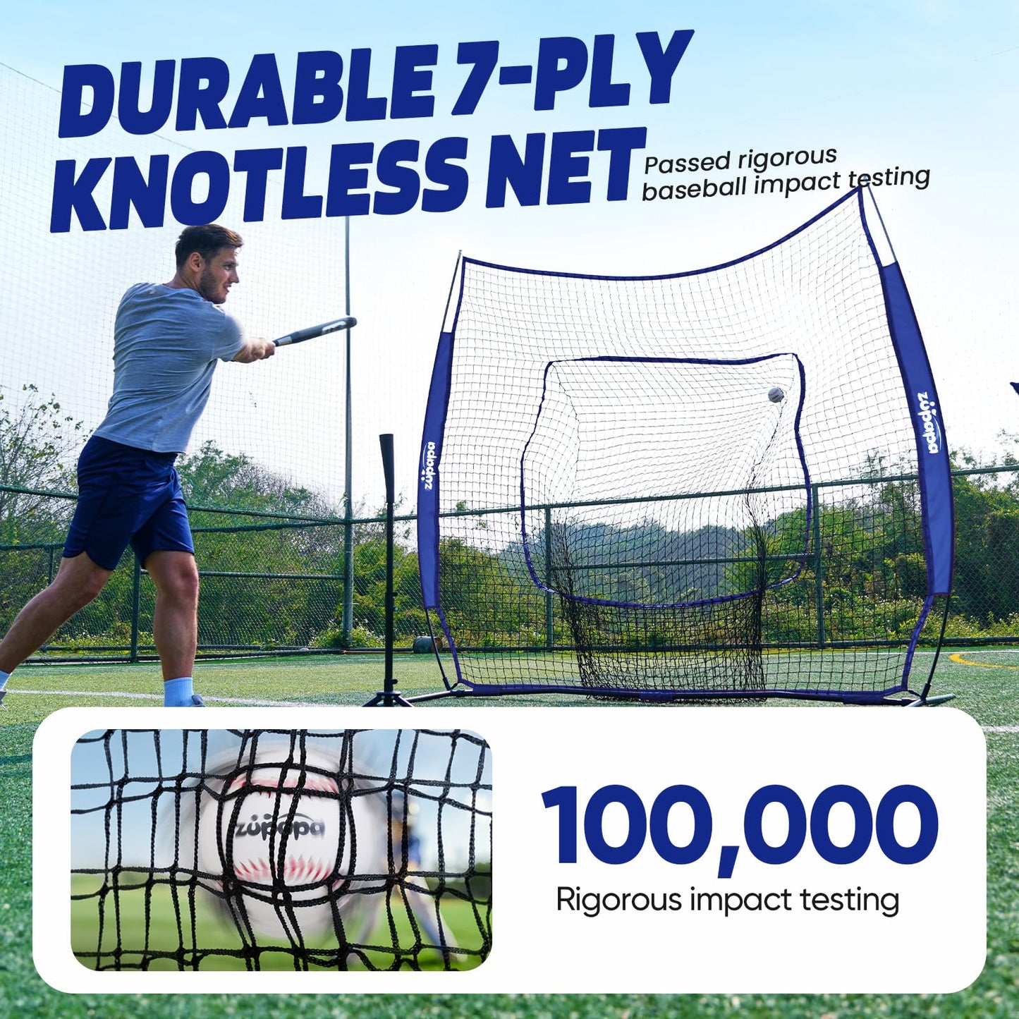 Zupapa 7x7 Feet Baseball Softball Hitting Pitching Net Tee Caddy Set with Strike Zone, Baseball Backstop Practice Net for Pitching Batting Catching for All Skill Levels (Blue)