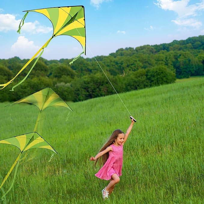 JOYIN 3 Packs Large Delta Kite Green, Blue and Rainbow, Easy to Fly for Kids with 262.5 ft String, Large Delta Beach Kite for Outdoor Games and Activities