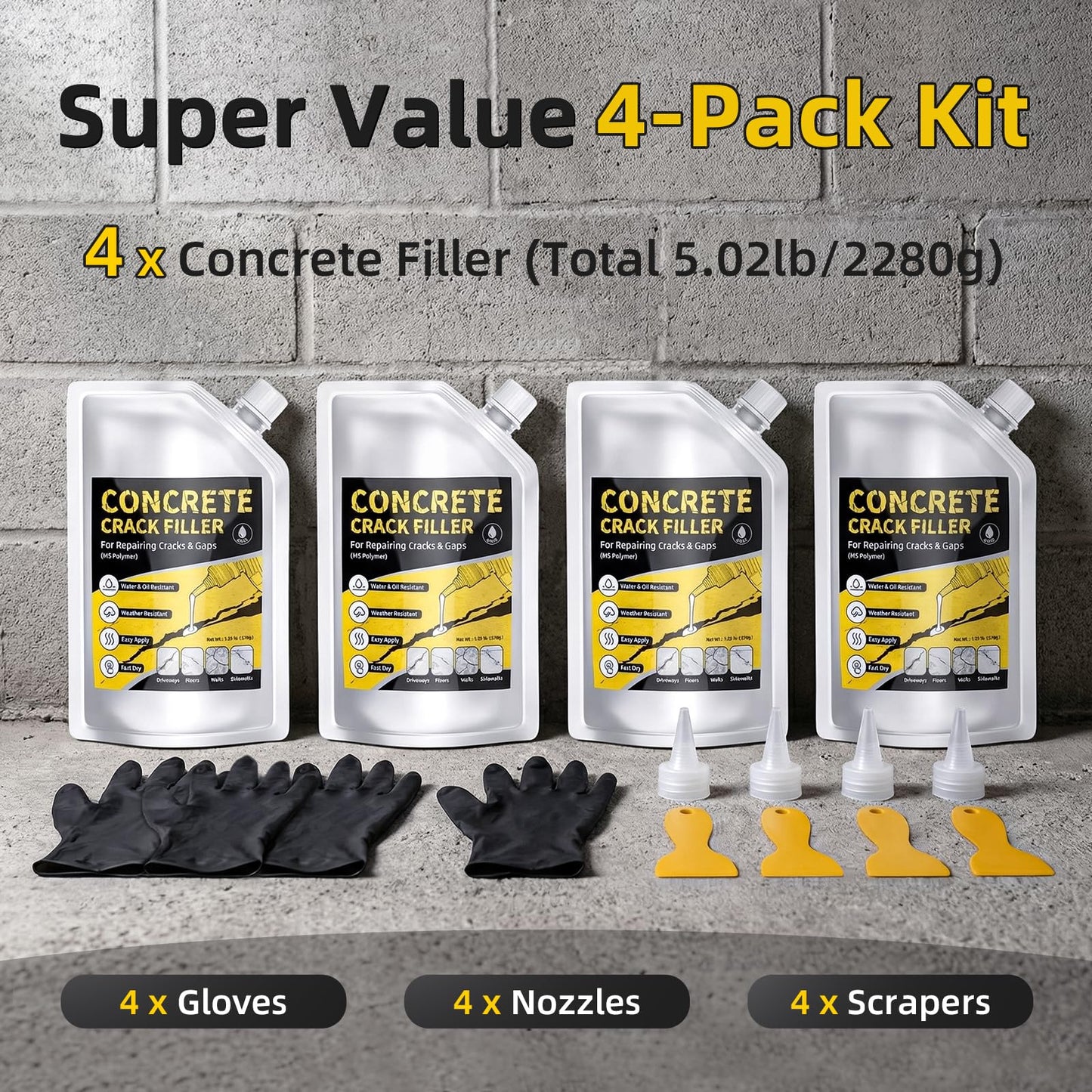 Pack of 4 Self Leveling Concrete Crack Filler, Cement Crack Filler, Waterproof & High Elasticity, Concrete Slab Repair for Driveway, Patio, Garage Floor, Sidewalk, Pool Deck (20 oz)