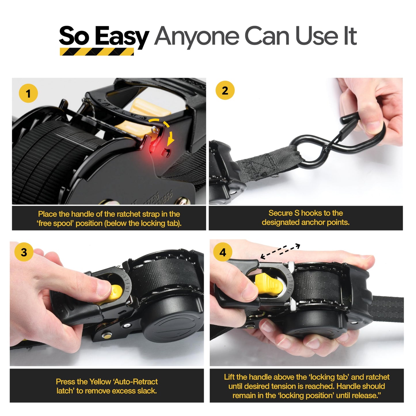 AUGO Retractable Ratchet Straps | 4 Heavy Duty Ratchet Straps Self Retractable Tie Down Straps with Soft Loops & Storage Bag for Motorcycle, Truck, Trailer, Cargo Van | 1200 Lb Break Strength 1” x 10’