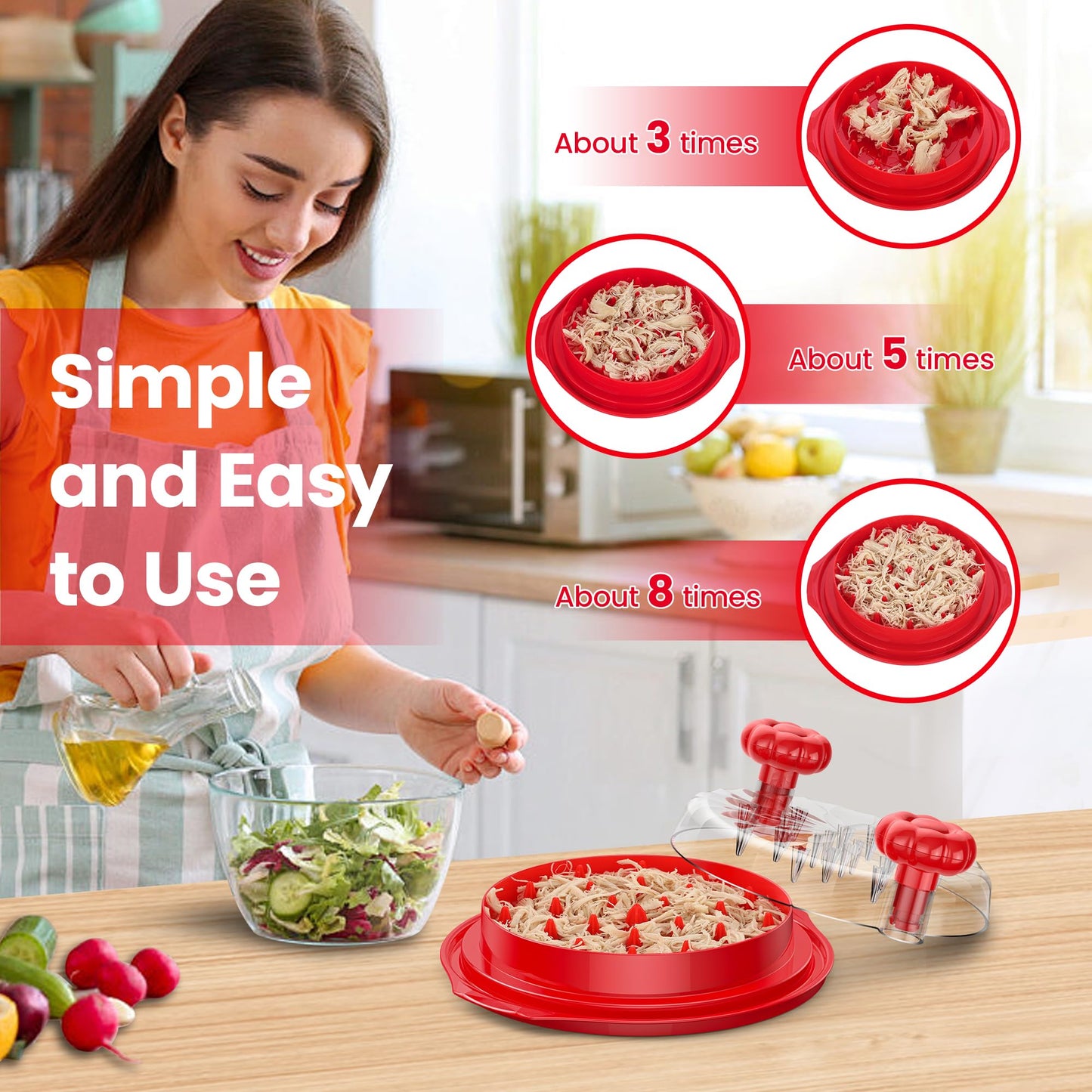 Chicken Shredder Tool Twist Large - 10'' Pro Meat Shredders for Chicken Breast,Visible Kitchen Gadgets Grinder Machine with Brush,Strong Anti-Slip Strip,Ergonomic Handle,BPA Free (Red)
