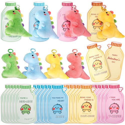 Agekub 24 Packs Valentines Day Gifts for Kids，Plush Toys Keychains with Valentine Gifts Cards for Boys Girls Toddlers Friends Classroom School Exchange Party Favors
