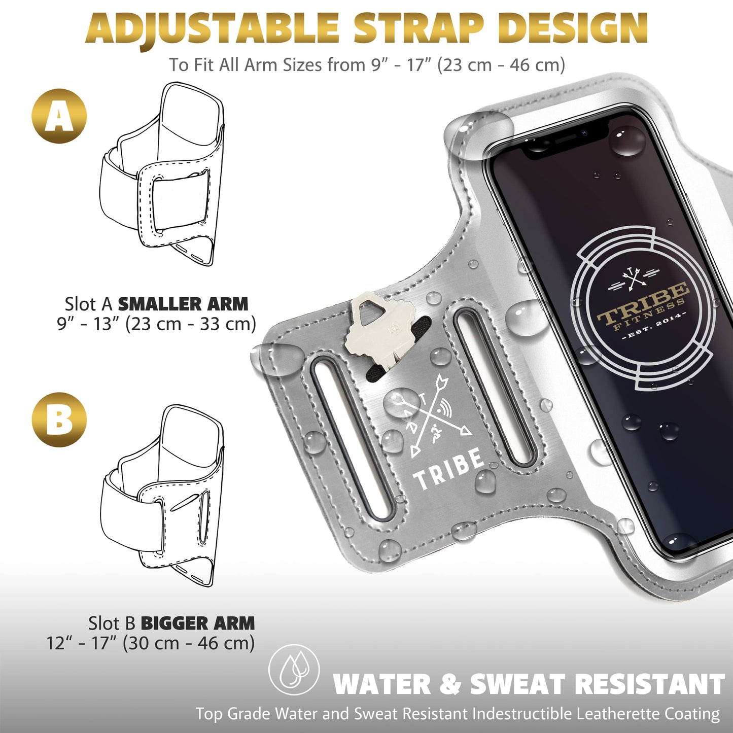 TRIBE Running Phone Holder Armband. iPhone & Galaxy Cell Phone Sports Arm Bands for Women, Men, Runners, Jogging, Walking, Exercise & Gym Workout. Fits All Smartphones. Adjustable Strap, CC/Key Pocket