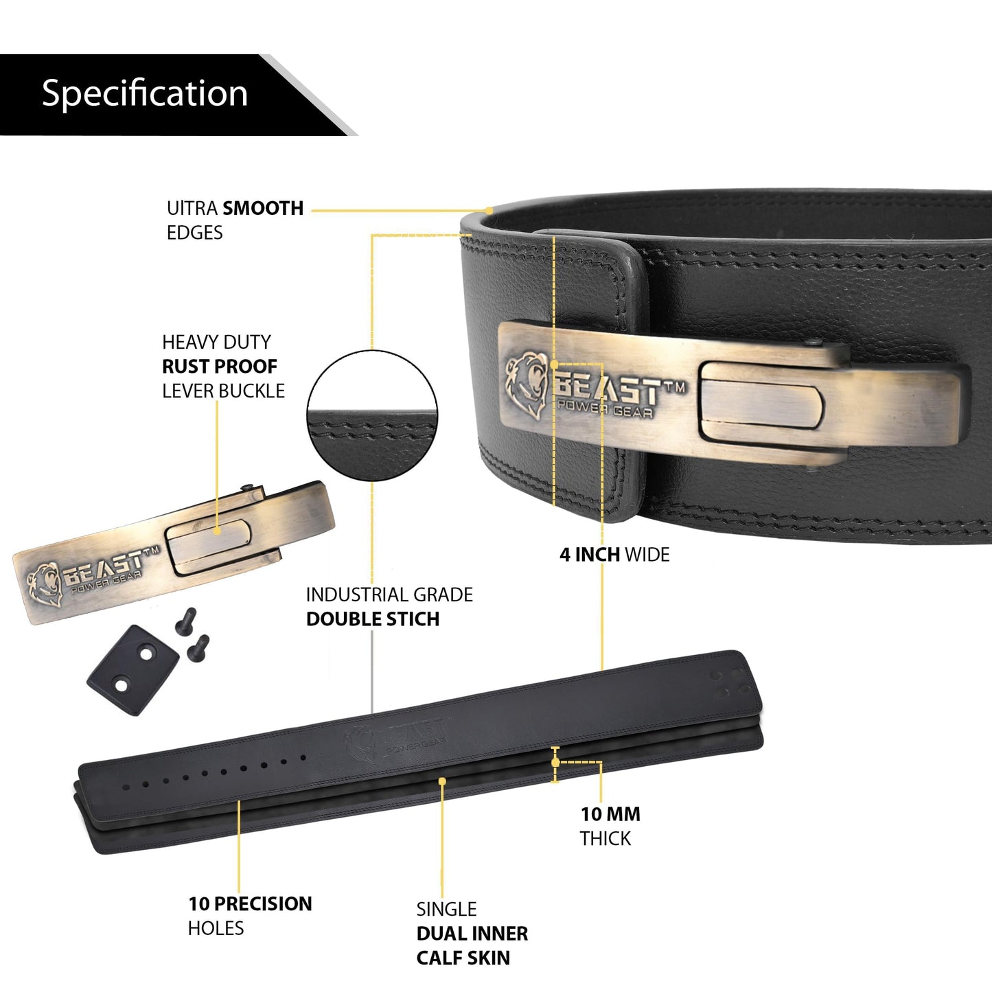 Beast Power Gear Lever belt Weight Lifting 10MM 13MM Leather Lever Belt Powerlifting- Free Strap Lower Back Support for Weightlifting, Deadlifts, Squats, Power Belt- Men & Women (Black/Black, Large)
