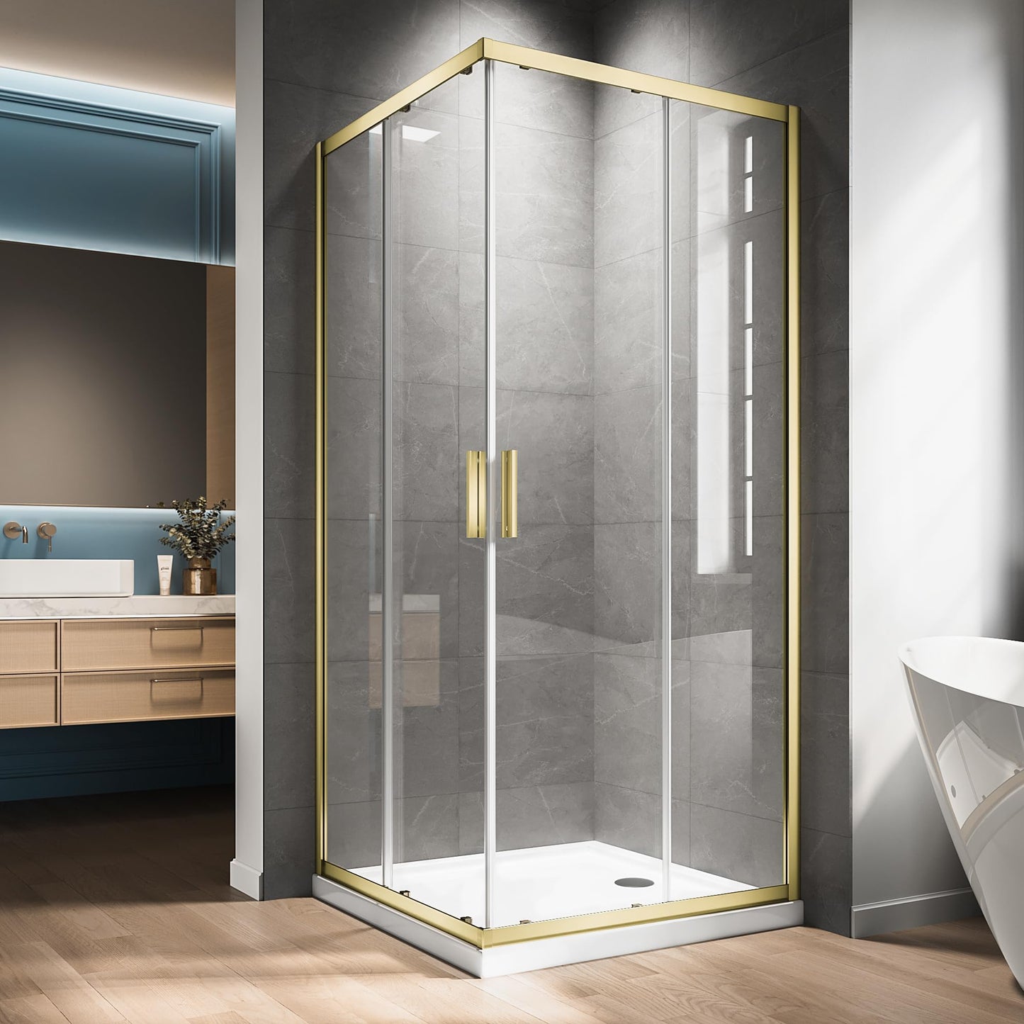 Corner Shower Enclosure 34" L X 34" W X 76" H. Double Corner Sliding Shower Door With 1/4 In Nano-Coated Tempered Glass,Shower Glass Doors In Brushed Gold Hardware Kit for Upgrade Your Bathroom