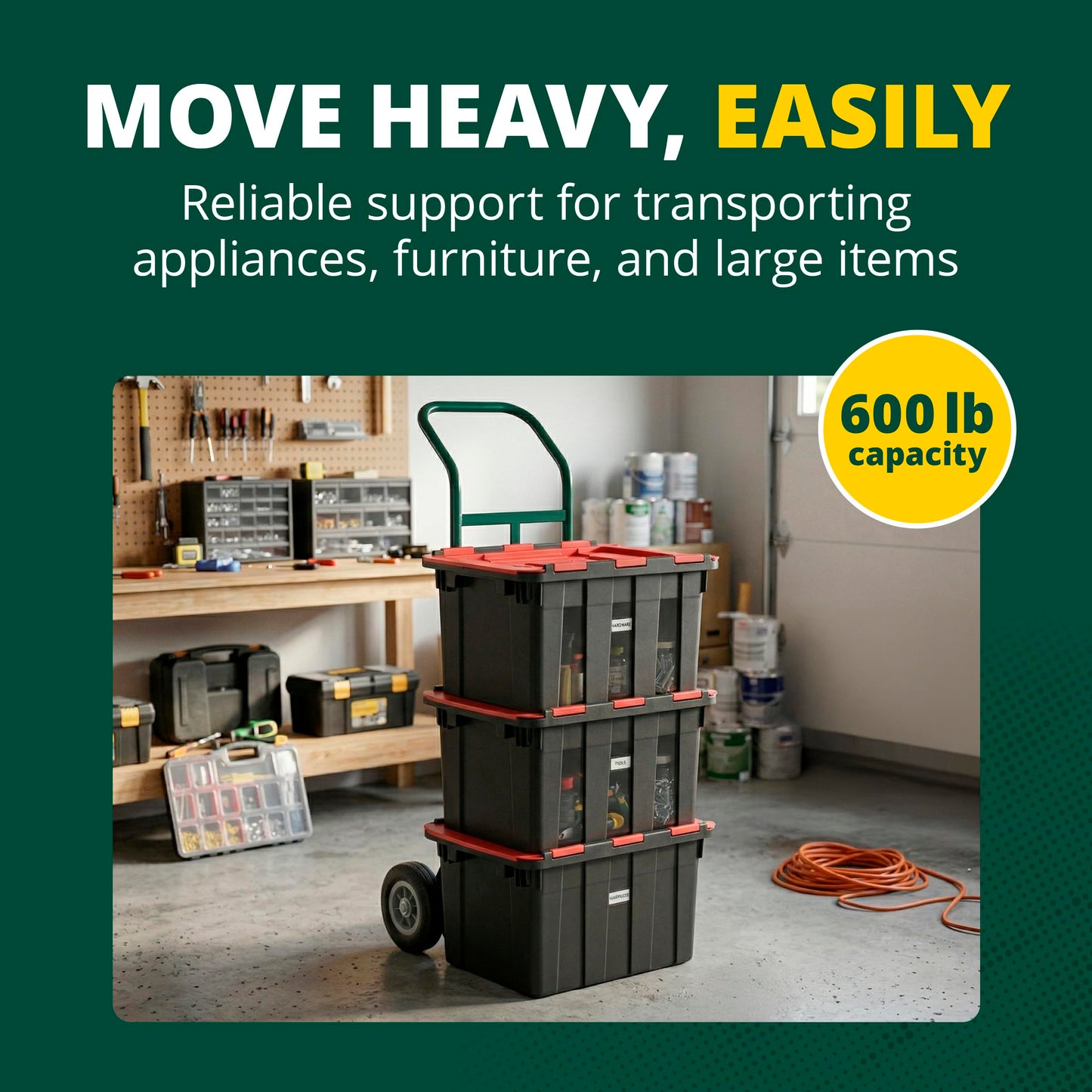 Harper Trucks K54B85C Steel Hand Truck, 600 lb Capacity 2 Wheel Dolly with Continuous Handle, 8-Inch Solid Rubber Wheels for Moving, Warehouses, Storage and Home Projects
