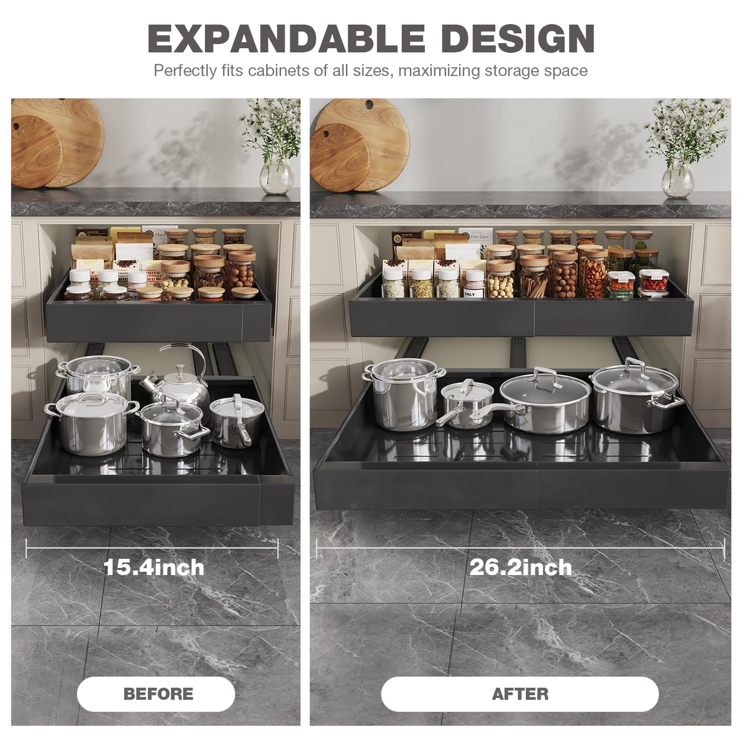 Seinloes 4 Pack Pull Out Cabinet Organizer 21" Deep,Full Extension 3 Slide Rails Slide Out Drawers With Raising Pad for Framed Cabinets,Expandable Width (15.4"-26.2"),No Drill Roll Out Shelves,Black