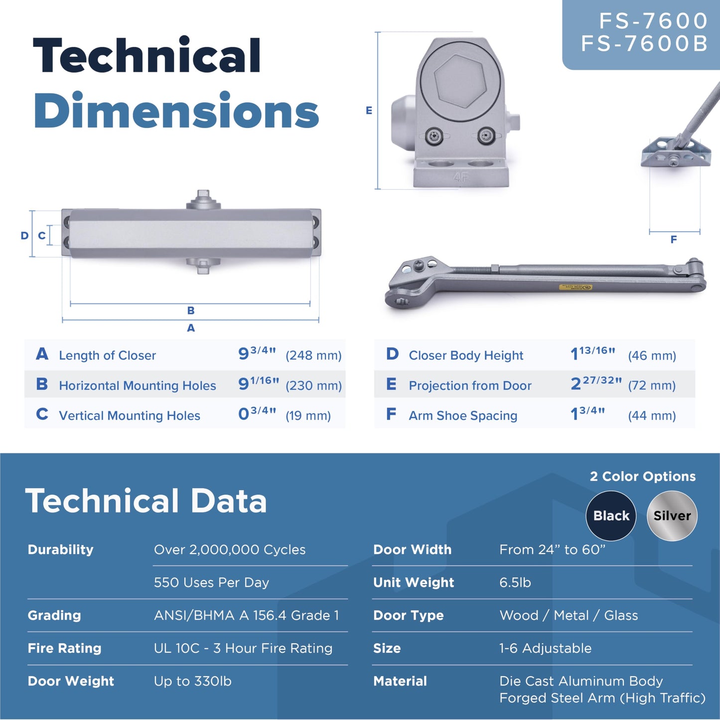 Commercial Door Closer Heavy Duty - Automatic Door Closer for Commercial Use - Grade 1 Auto Hydraulic Spring Hinge - FS-6300 UL & ADA ANSI A156.4 Grade 1 Door Closers Closure Soft Closing Arm