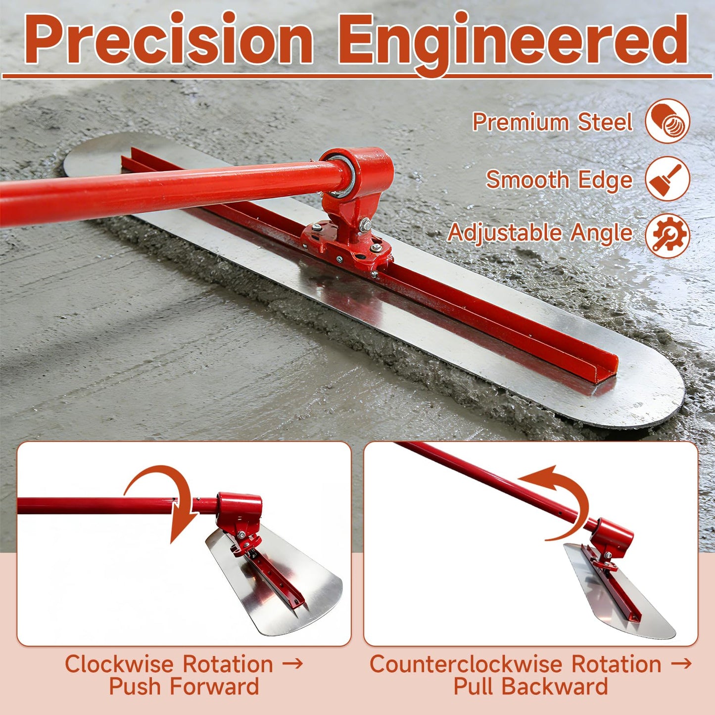 Concrete Bull Float Tool Kit, 48"x8" Round End Aluminum Magnesium Alloy Cement Trowel Board with Adjustable Bracket, 45" Extendable Handles x4 for Screeding and Finishing