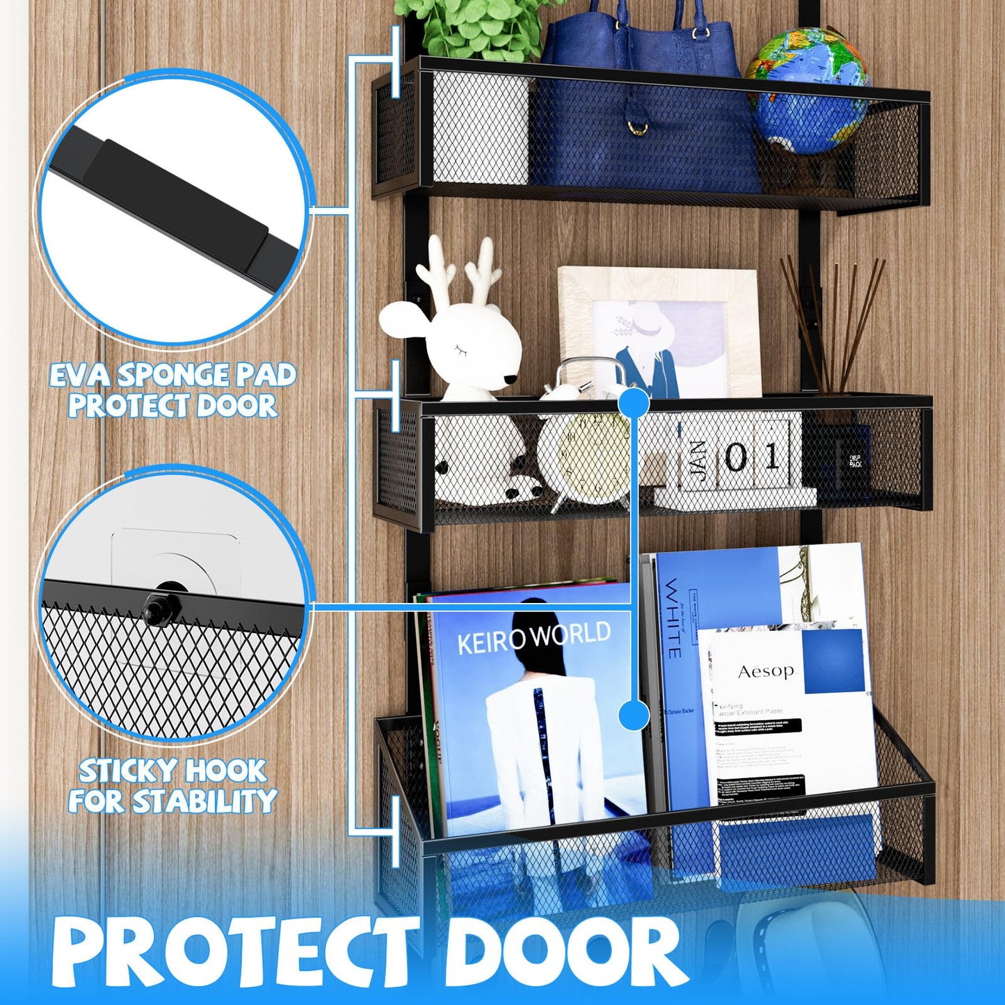 Kaiferty Over The Door Hooks Organizer, Coat Rack Over The Door Storage Hanger Towel Rack, Back of Door Storage Organizer for Bathroom,Bedroom,Kitchen,Office (Black, 4-Tier)